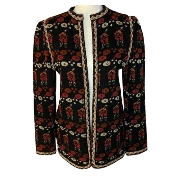 Vintage Sweaters - Vintage Adrienne Vittadini Floral Knit Cardigan Metallic Thread Black Red Sz M